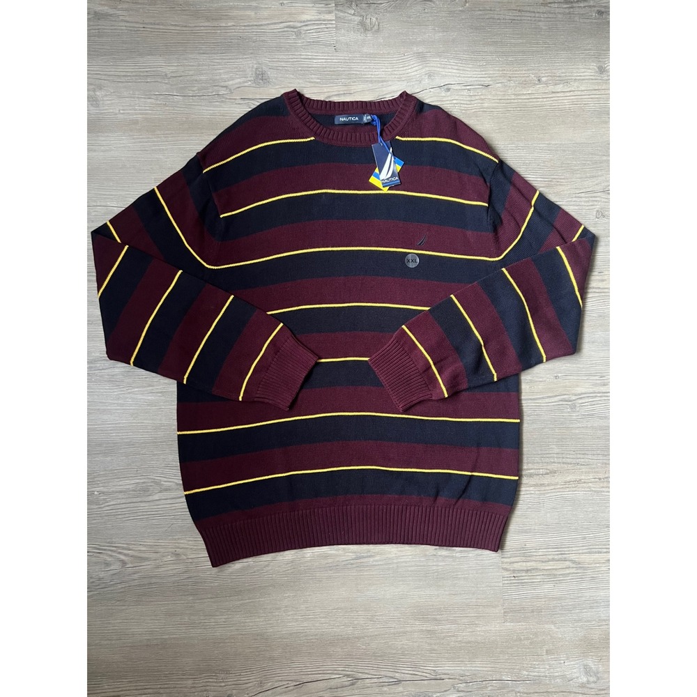 NWT Nautica Men's Crewneck Striped Cotton Sweater Maroon Navy Size XXL